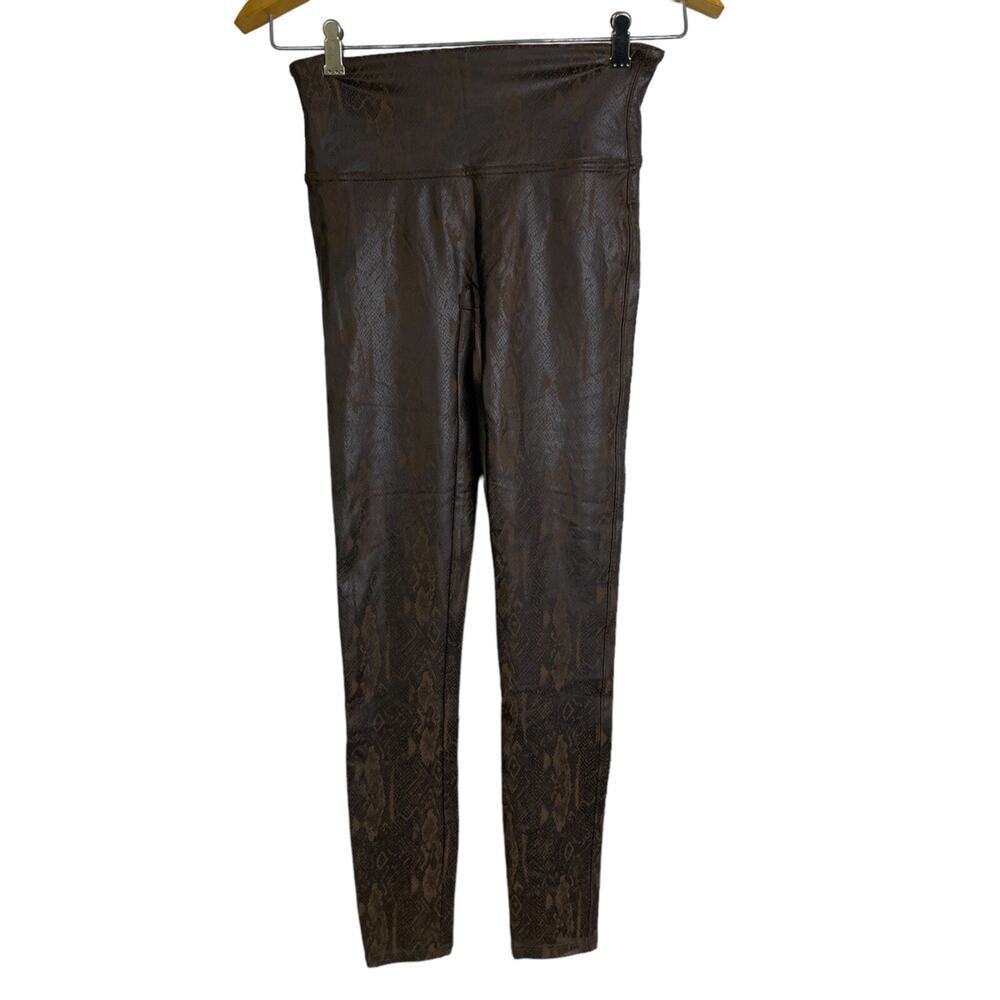 Spanx Faux Leather Brown Snake Leggings Medium Pull On Compression Stretch 20265